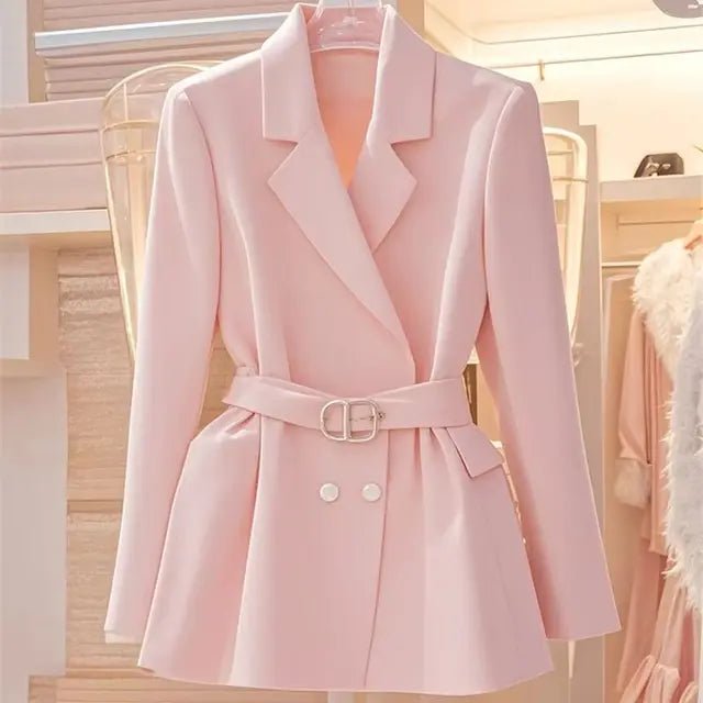 Luxurious Pink DoubleBreasted Blazer with Belt Pockets - GirlnamedParis