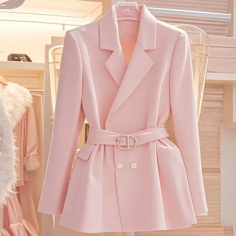 Luxurious Pink DoubleBreasted Blazer with Belt Pockets - GirlnamedParis