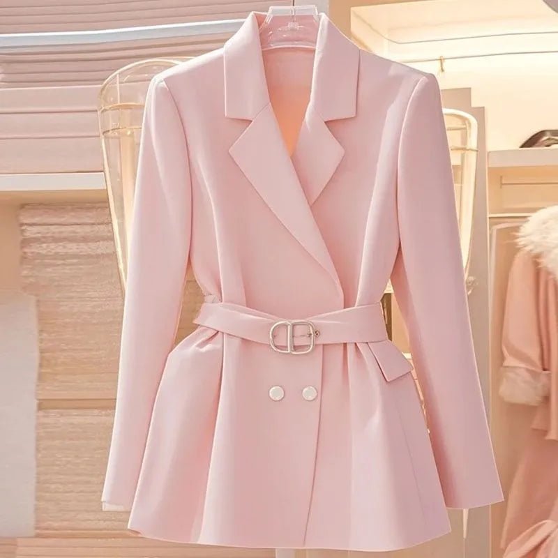 Luxurious Pink DoubleBreasted Blazer with Belt Pockets - GirlnamedParis