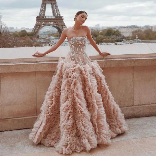 Luxurious Pink Tiered Tulle Wedding Dress with Handcrafted Crystals - GirlnamedParis