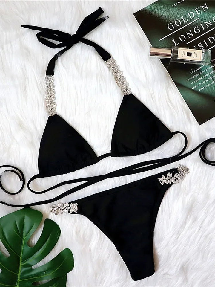 Luxurious Womens Black White Crystal Bikini with HighCut Thong - GirlnamedParis