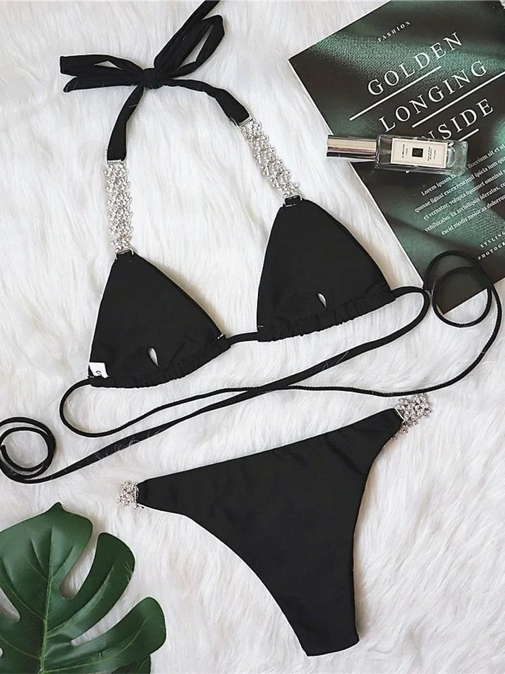 Luxurious Womens Black White Crystal Bikini with HighCut Thong - GirlnamedParis