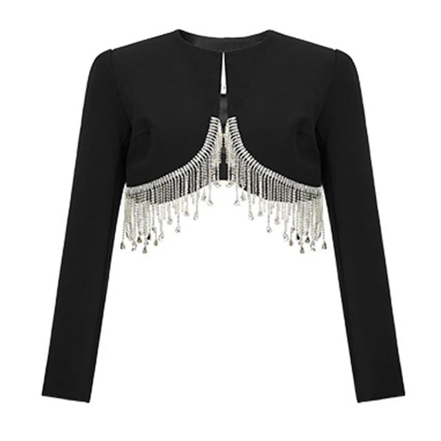 Luxurious Womens Short Jacket with Black Diamond Fringe - GirlnamedParis