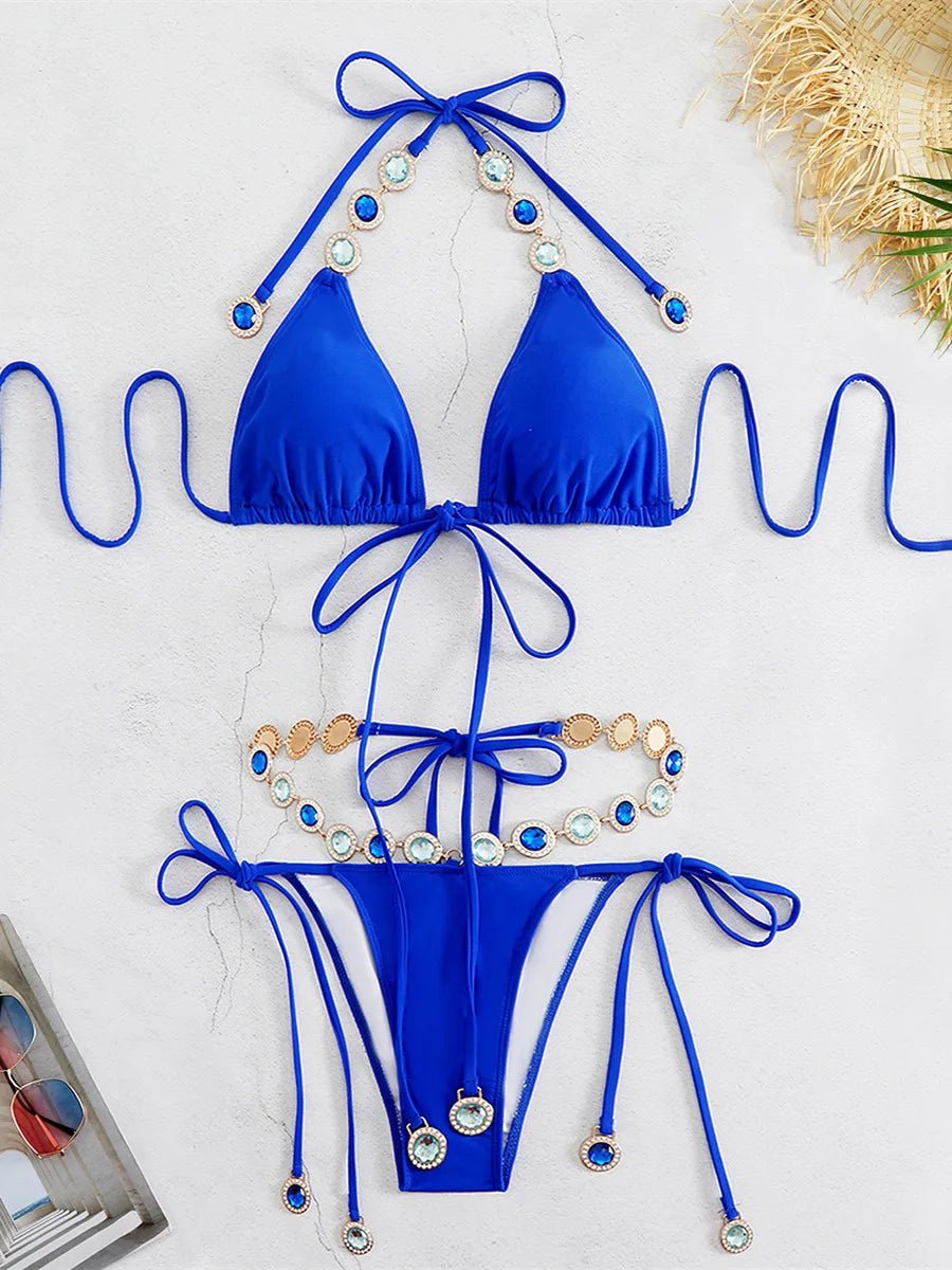 Luxury Blue DiamondStudded Hollow Bikini Set with Thong - GirlnamedParis