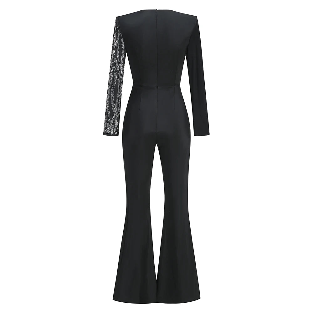 Luxury Designer Black Jumpsuit VNeck Diamond Patchwork Eveningwear 2024 - GirlnamedParis