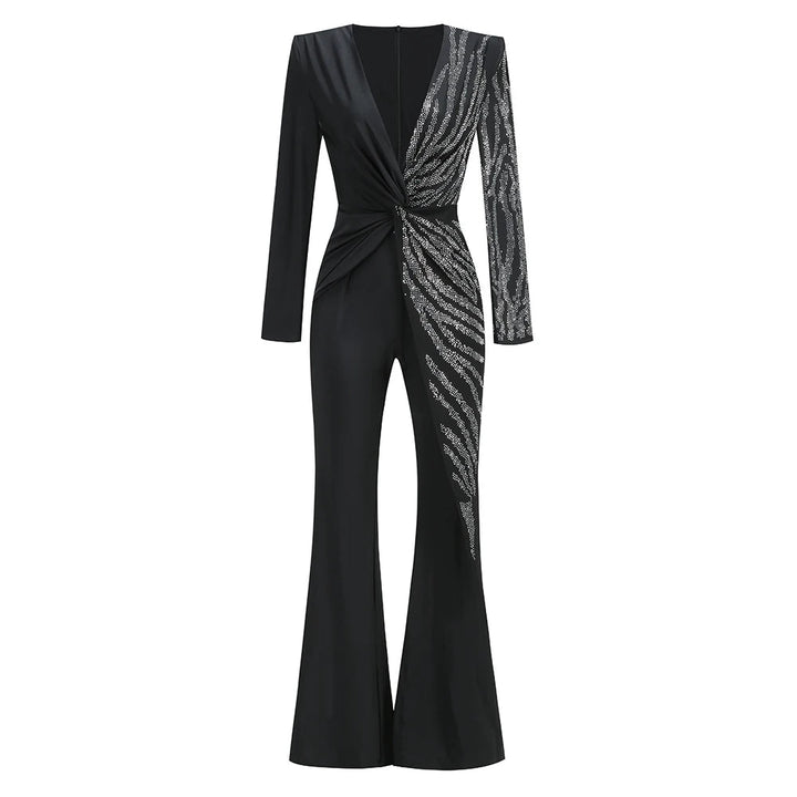 Luxury Designer Black Jumpsuit VNeck Diamond Patchwork Eveningwear 2024 - GirlnamedParis