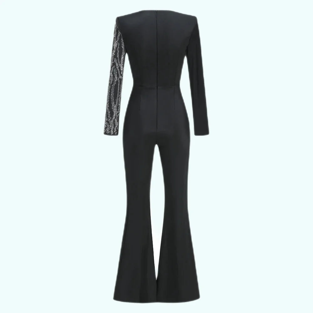 Luxury Designer Black Jumpsuit VNeck Diamond Patchwork Eveningwear 2024 - GirlnamedParis