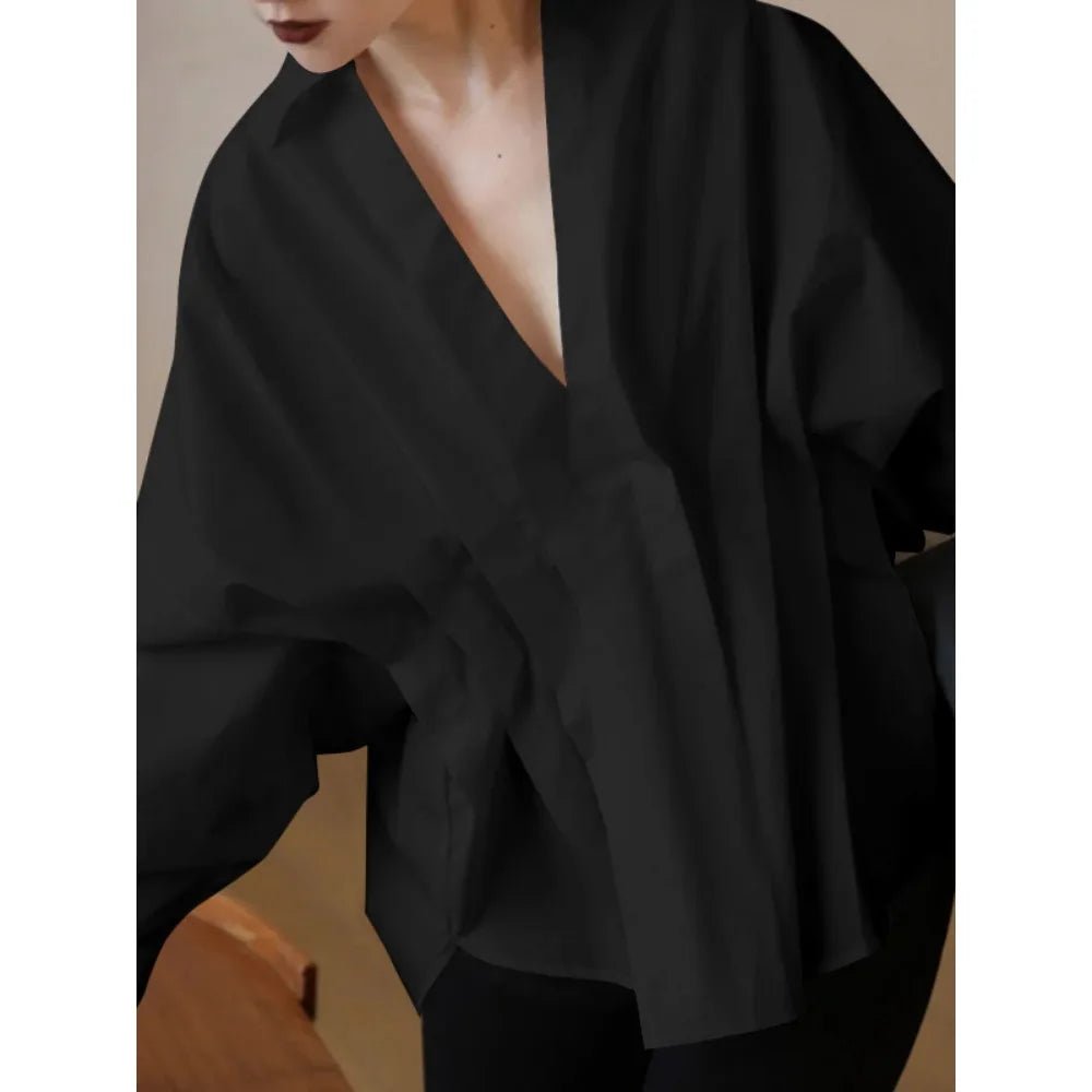 Modigirl Womens Pleated Long Puff Sleeve Blouse Black White - GirlnamedParis