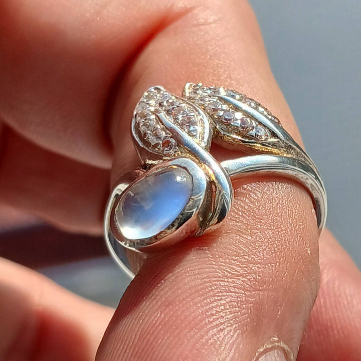 Moonstone Ring, Moonstone Silver Ring, Gemstone Sterling Silver Leaf - GirlnamedParis