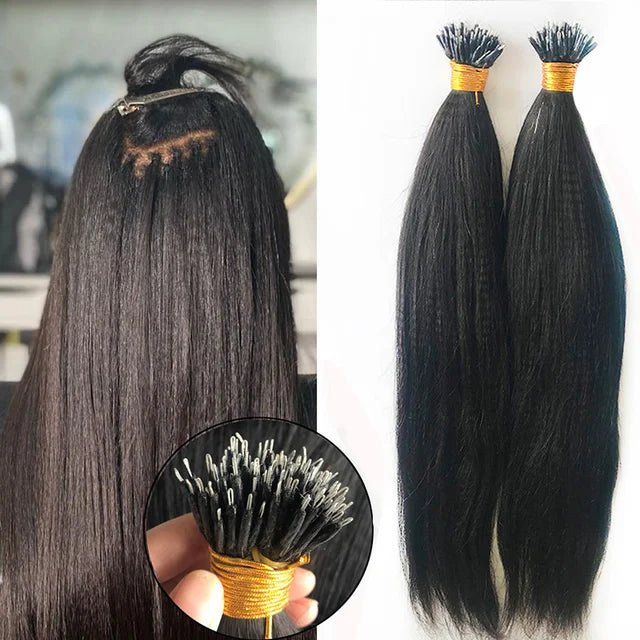 Natural Peruvian Remy Nano Ring Hair Extensions Yaki Straight - GirlnamedParis