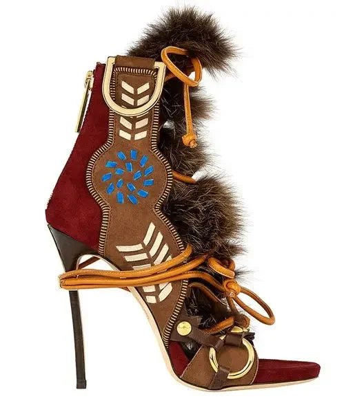 Patchwork Suede Gladiator High Heels with Zipper Chain - GirlnamedParis