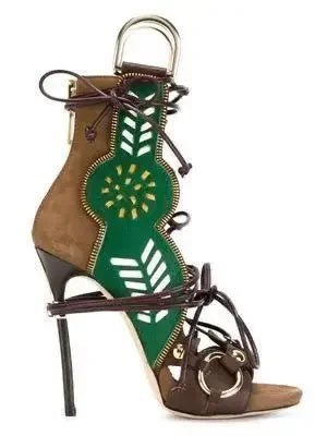 Patchwork Suede Gladiator High Heels with Zipper Chain - GirlnamedParis