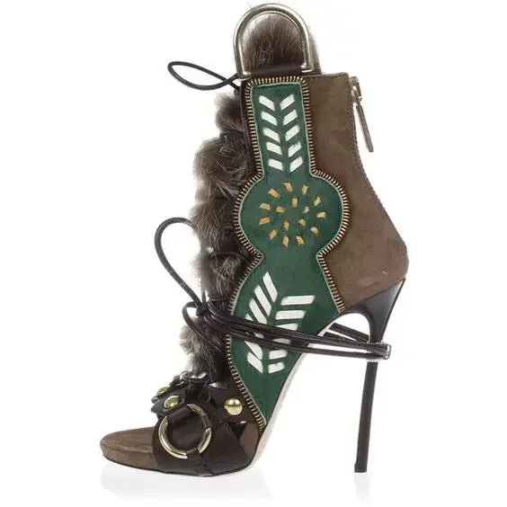 Patchwork Suede Gladiator High Heels with Zipper Chain - GirlnamedParis