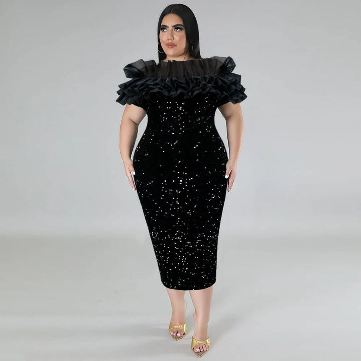 PlusSize Black Sequin Party Dress with Ruffled Mesh - GirlnamedParis