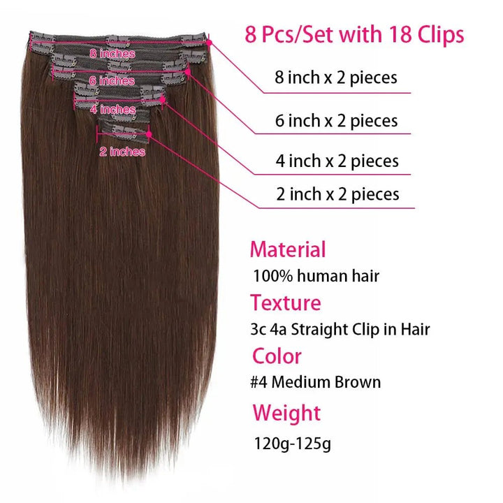 Premium 4 Brown Double Weft Human Hair ClipIn Extensions - GirlnamedParis