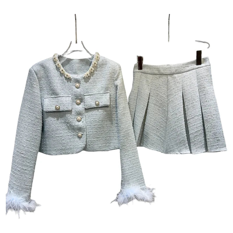 PREPOMP 2024 Tweed Set Feathered Sleeve Jacket Skirt - GirlnamedParis