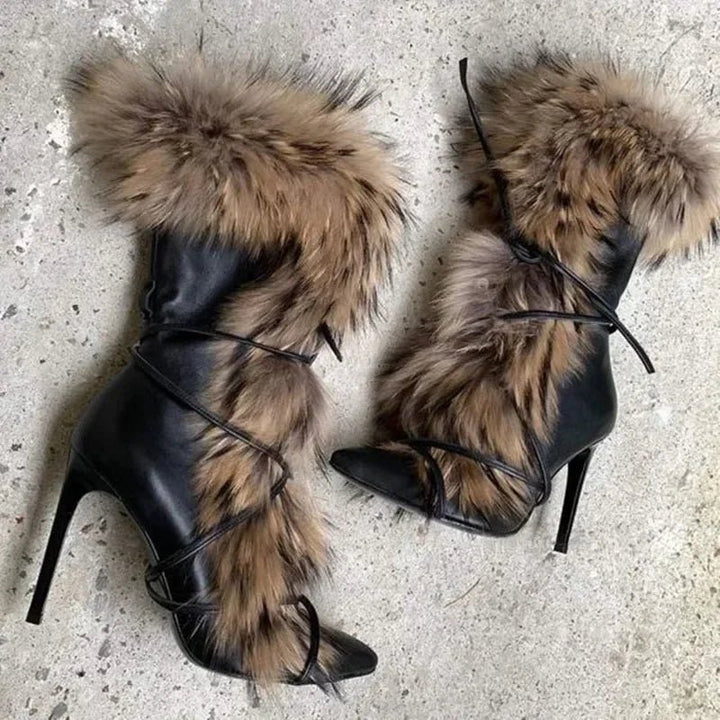 Real Raccoon Fur Black Leather High Heel Boots - GirlnamedParis