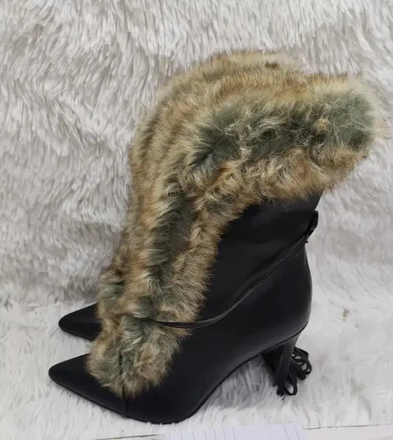 Real Raccoon Fur Black Leather High Heel Boots - GirlnamedParis