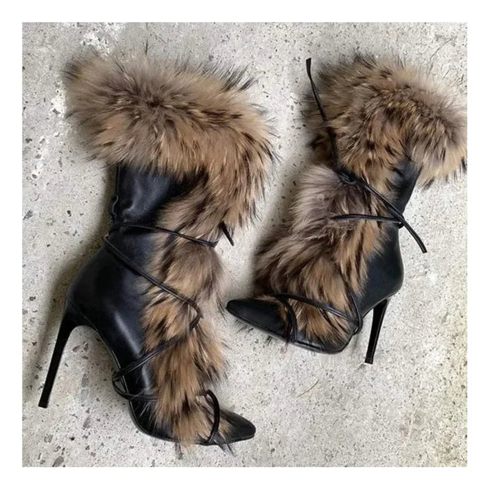 Real Raccoon Fur Black Leather High Heel Boots - GirlnamedParis