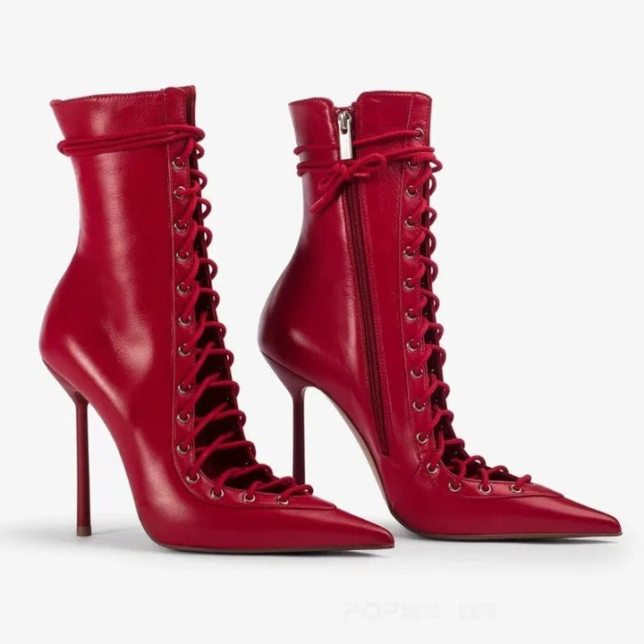 Red Leather Pointed Stiletto CrossLace MidCalf Boots - GirlnamedParis