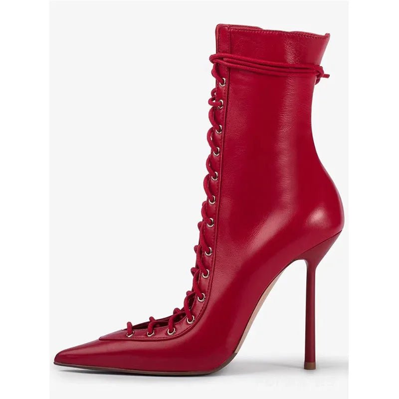 Red Leather Pointed Stiletto CrossLace MidCalf Boots - GirlnamedParis