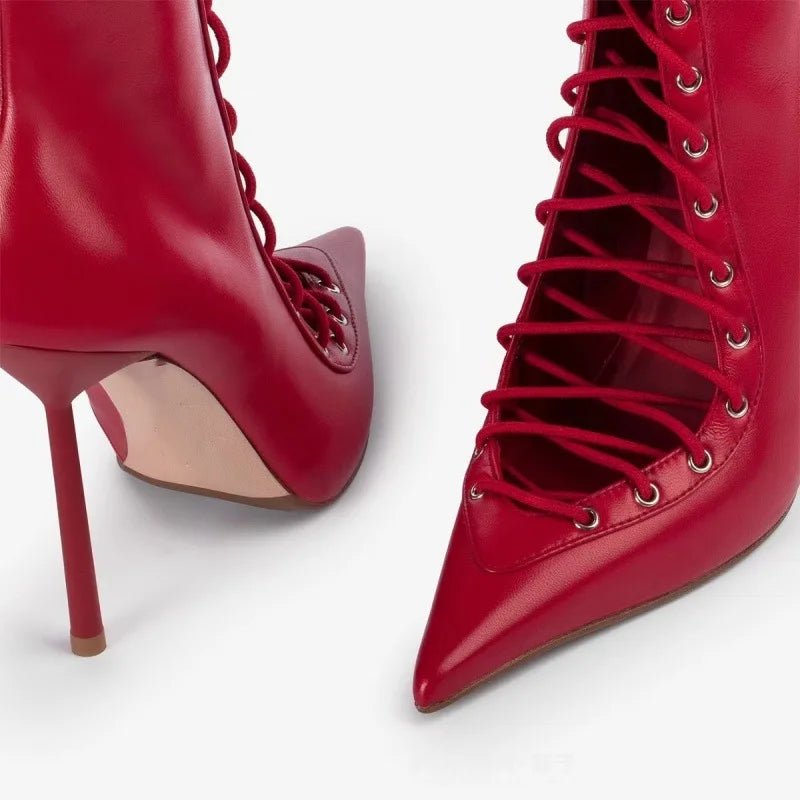 Red Leather Pointed Stiletto CrossLace MidCalf Boots - GirlnamedParis