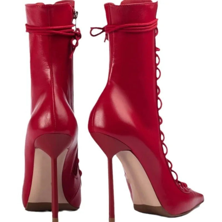 Red Leather Pointed Stiletto CrossLace MidCalf Boots - GirlnamedParis