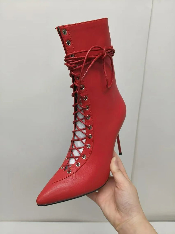 Red Leather Pointed Stiletto CrossLace MidCalf Boots - GirlnamedParis