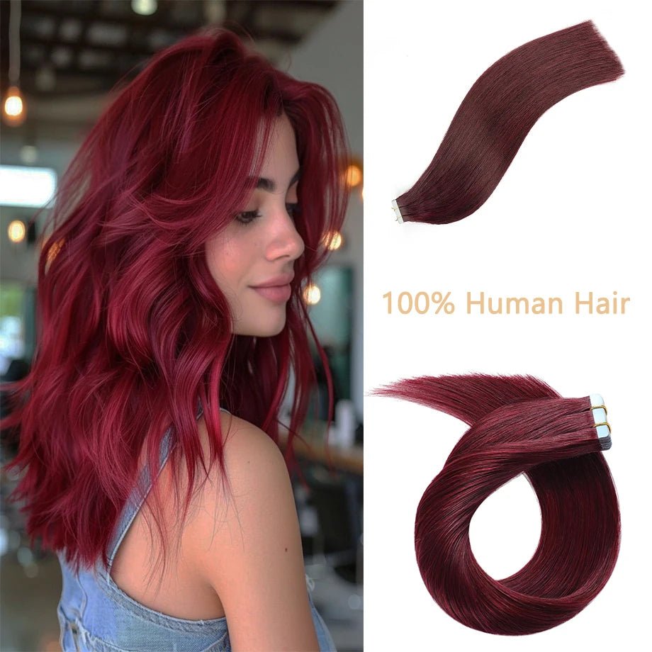 Seamless Wine Red Straight Remy Hair Extensions for Women - GirlnamedParis