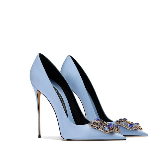 Spring Fall Blue Rhinestone Buckle Stiletto Dress Shoes - GirlnamedParis