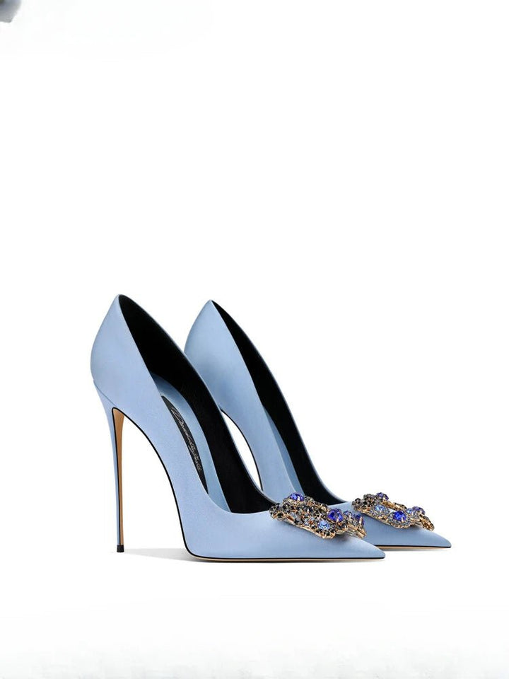 Spring Fall Blue Rhinestone Buckle Stiletto Dress Shoes - GirlnamedParis