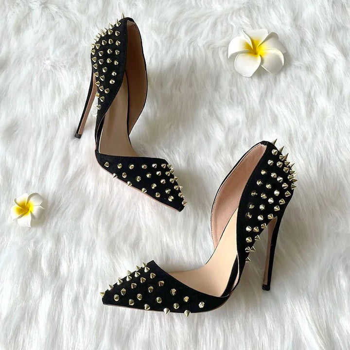 TOMONYE Black Suede Heels with Gold Studs Size 3346 120mm - GirlnamedParis