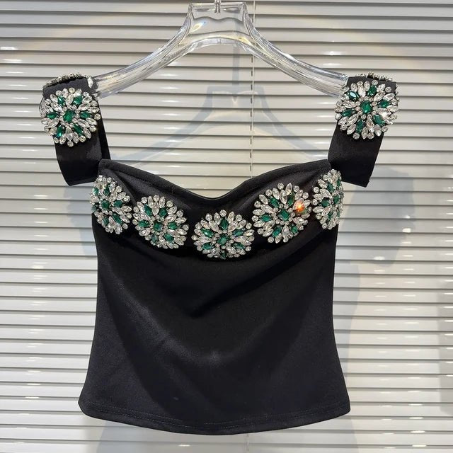 Winter 2024 Floral Rhinestone Embroidered Black Crop Top - GirlnamedParis