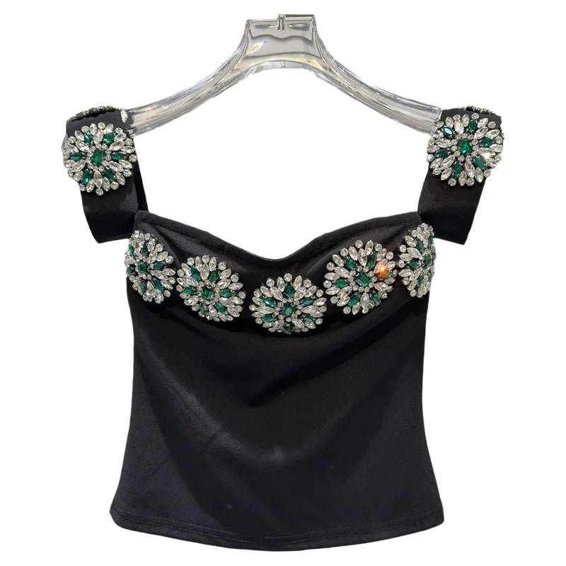 Winter 2024 Floral Rhinestone Embroidered Black Crop Top - GirlnamedParis