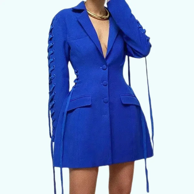 Womens Blue LaceUp SingleButton Jacket Coat 2020 - GirlnamedParis