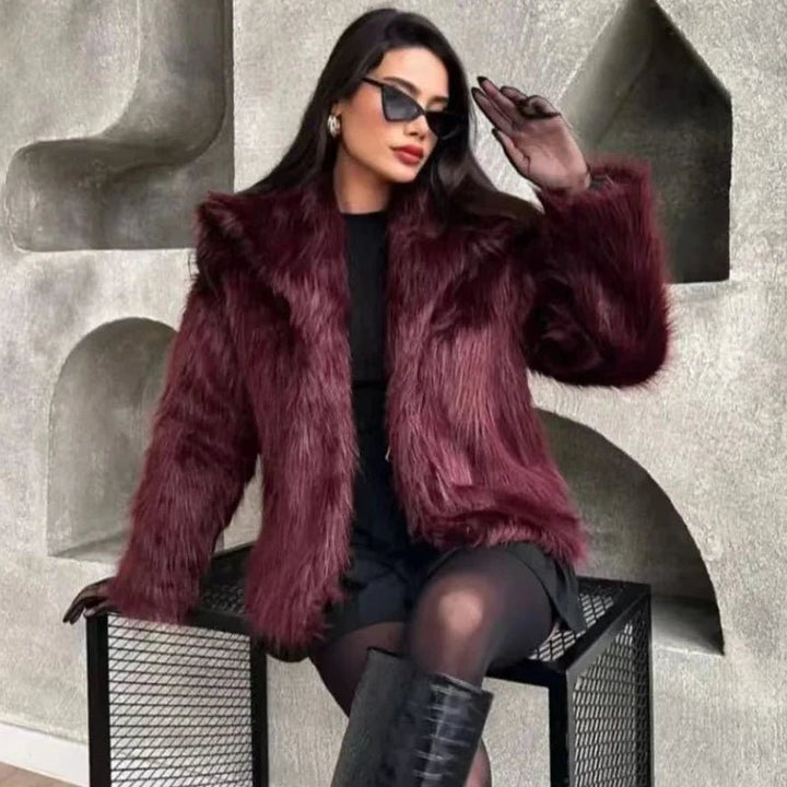 Womens Burgundy Faux Fur Bomber Jacket Winter 2024 - GirlnamedParis