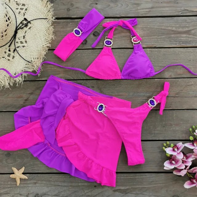 Womens Contrast Color Rhinestone Bikini Set with Skirt - GirlnamedParis