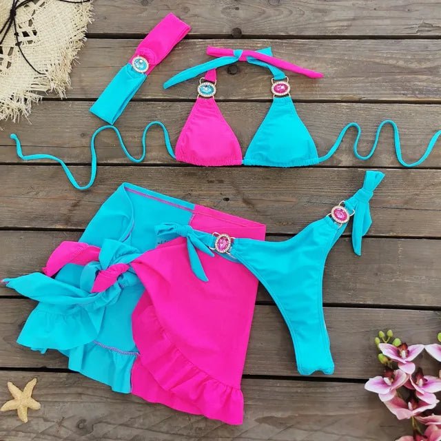 Womens Contrast Color Rhinestone Bikini Set with Skirt - GirlnamedParis