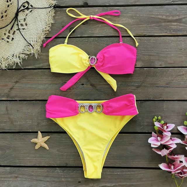 Womens Contrast Color Rhinestone Bikini Set with Skirt - GirlnamedParis