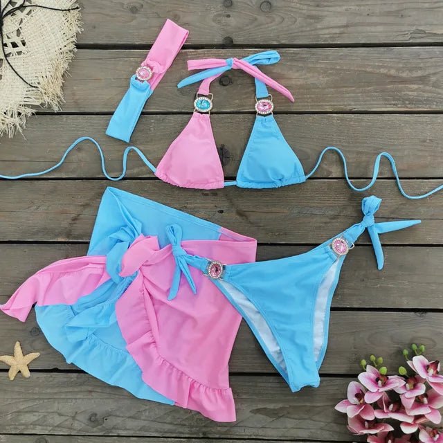 Womens Contrast Color Rhinestone Bikini Set with Skirt - GirlnamedParis