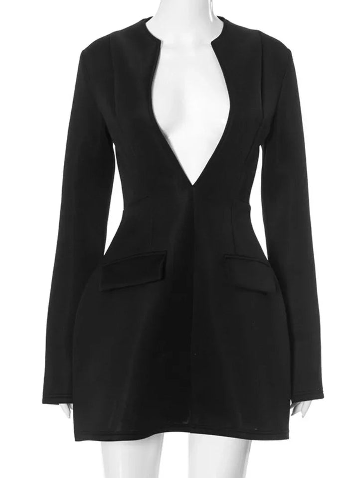 Womens Deep VNeck Blazer Dress Black White Paris - Runway - GirlnamedParis