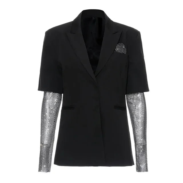 Womens Diamond Beaded Mesh Jacket Black Sleeve Blazer - GirlnamedParis