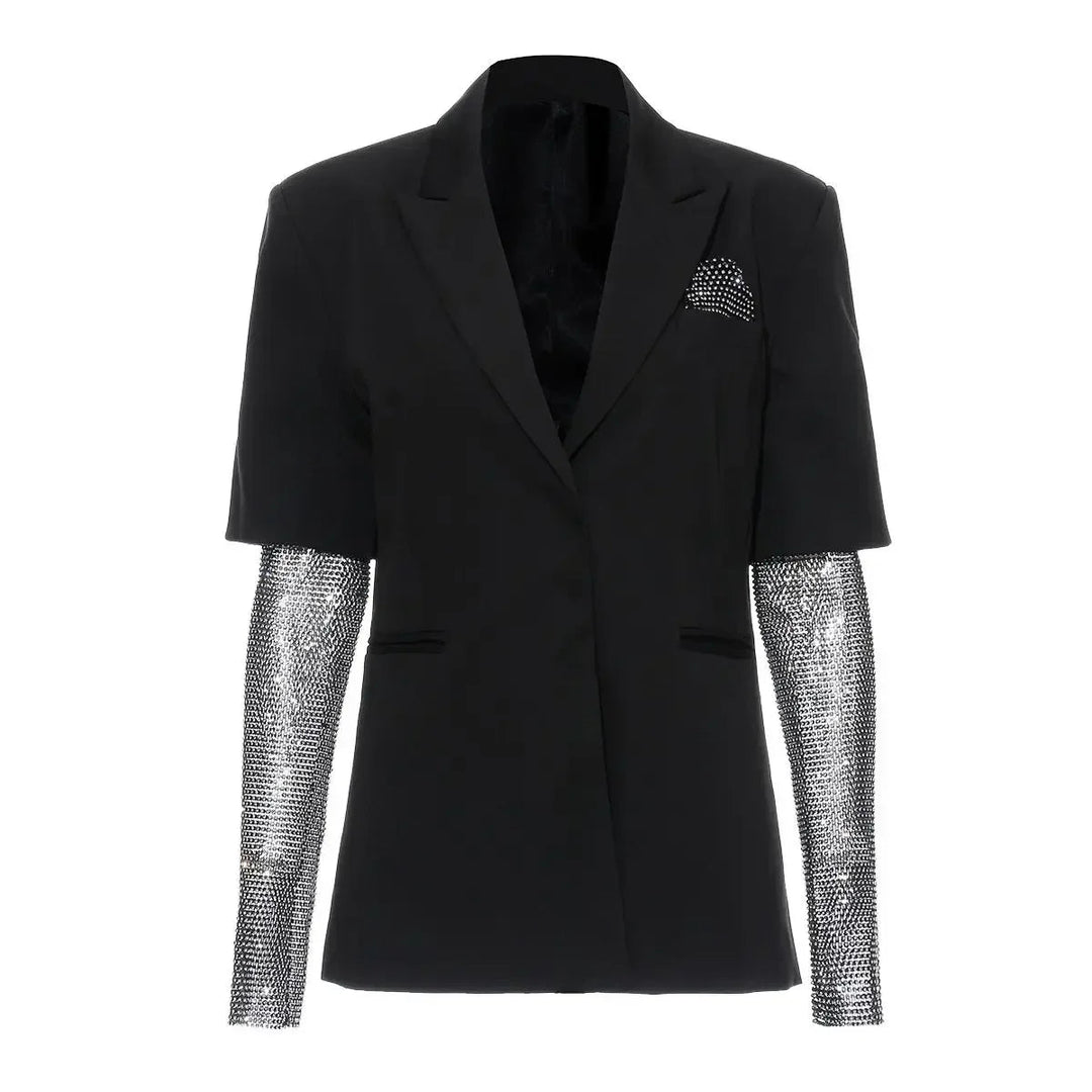 Womens Diamond Beaded Mesh Jacket Black Sleeve Blazer - GirlnamedParis