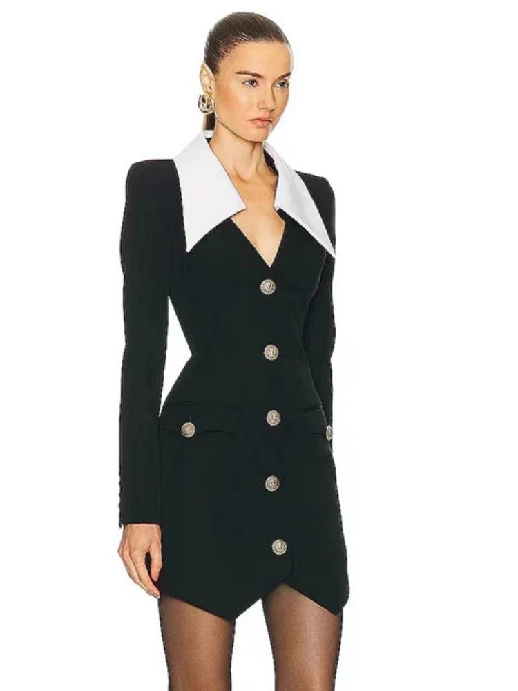 Womens Elegant LongSleeve Buttoned Bodycon Dress Black White - GirlnamedParis