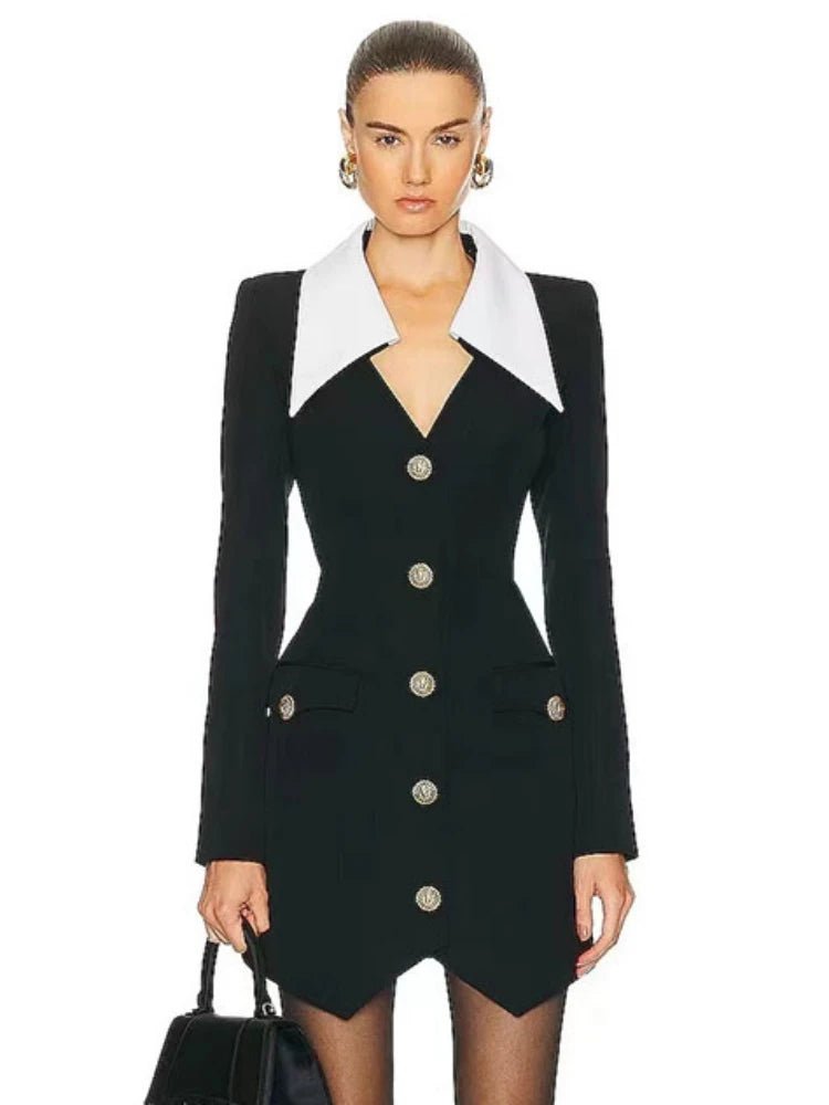 Womens Elegant LongSleeve Buttoned Bodycon Dress Black White - GirlnamedParis