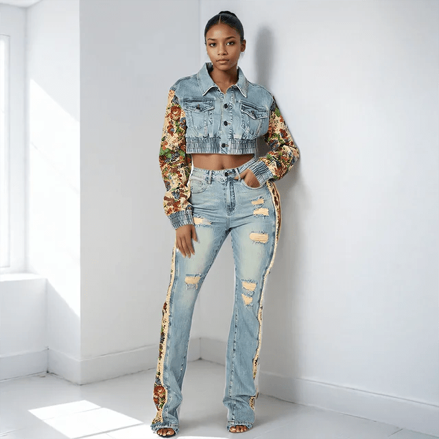 Womens Fashion Patchwork Denim Jacket and HighWaist Jeans Set - GirlnamedParis