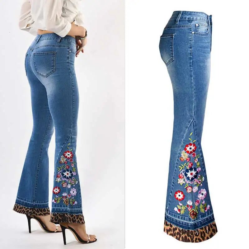 Womens Flared Leopard Embroidered Jeans - GirlnamedParis