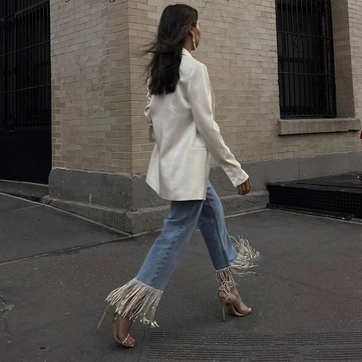 Womens Fringed Cuff Jeans with Diamonds Spring 2023 Fashion - GirlnamedParis