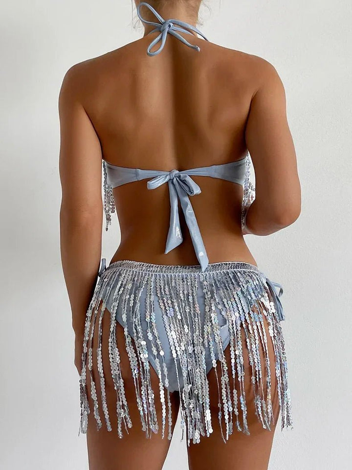 Womens Glitter Sequin Tassel Bandeau Bikini Set 2024 - GirlnamedParis