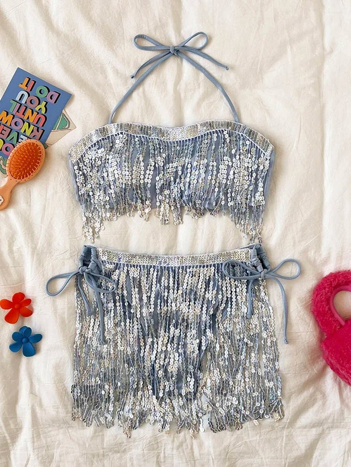 Womens Glitter Sequin Tassel Bandeau Bikini Set 2024 - GirlnamedParis